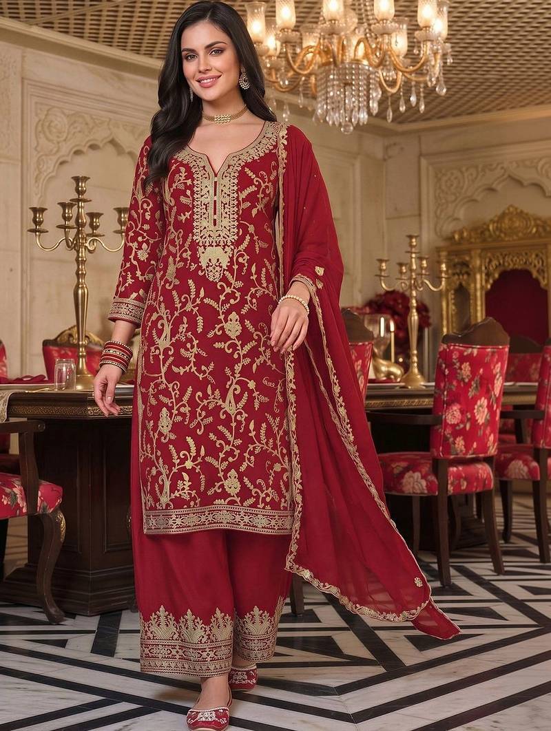 women ethnic motifs embroidered regular kurta with palazzos & with dupatta