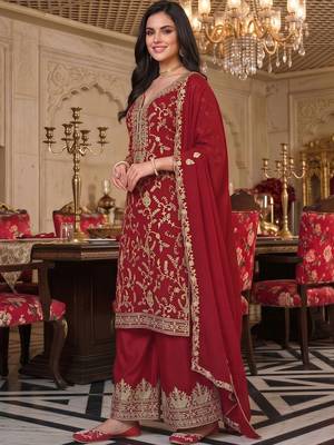 women ethnic motifs embroidered regular kurta with palazzos & with dupatta 4