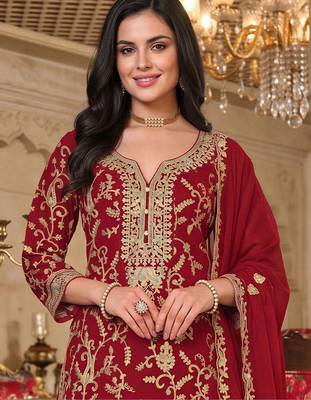 women ethnic motifs embroidered regular kurta with palazzos & with dupatta 5