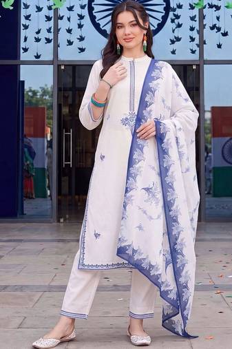 motifs embroidered regular thread work cotton kurta with trousers & with dupatta