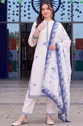 motifs embroidered regular thread work cotton kurta with trousers & with dupatta