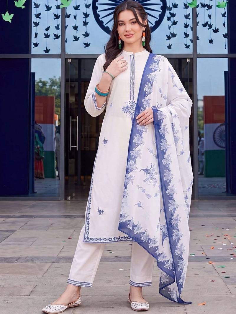 motifs embroidered regular thread work cotton kurta with trousers & with dupatta