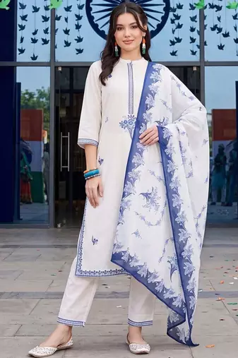 motifs embroidered regular thread work cotton kurta with trousers & with dupatta
