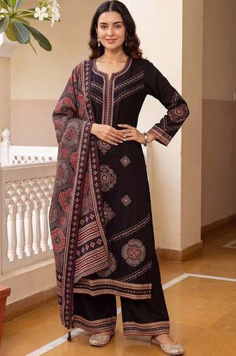 women ethnic motifs printed regular kurta with palazzos & with dupatta