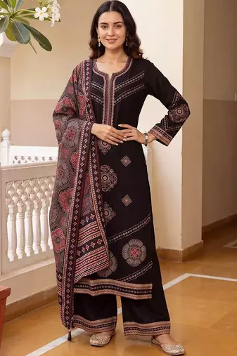 women ethnic motifs printed regular kurta with palazzos & with dupatta