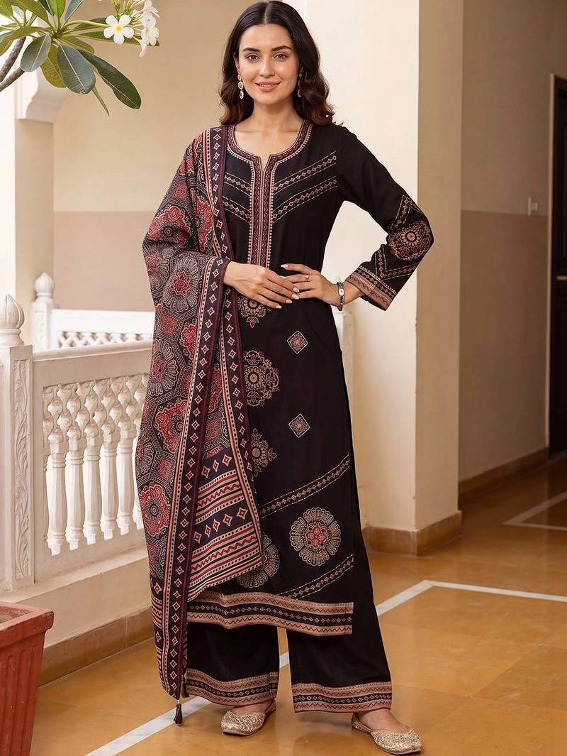 women ethnic motifs printed regular kurta with palazzos & with dupatta