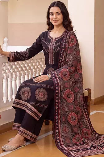 women ethnic motifs printed regular kurta with palazzos & with dupatta