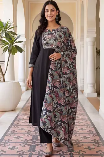 women ethnic motifs embroidered regular thread work kurta with trousers & with dupatta
