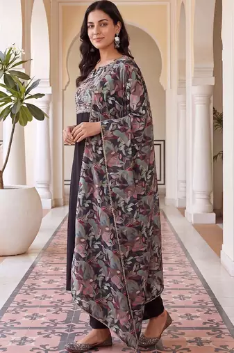 women ethnic motifs embroidered regular thread work kurta with trousers & with dupatta