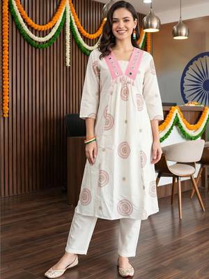 women ethnic motifs printed empire mirror work cotton kurta with trousers 1