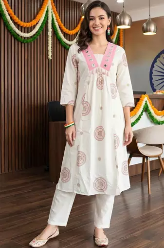 women ethnic motifs printed empire mirror work cotton kurta with trousers