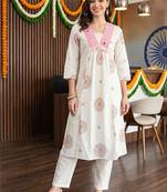 women ethnic motifs printed empire mirror work cotton kurta with trousers