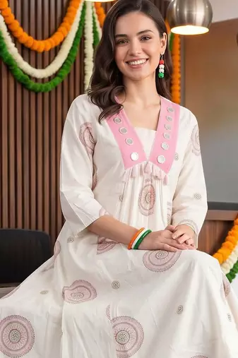 women ethnic motifs printed empire mirror work cotton kurta with trousers