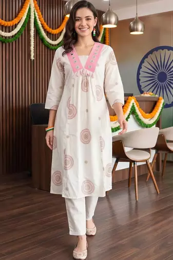 women ethnic motifs printed empire mirror work cotton kurta with trousers