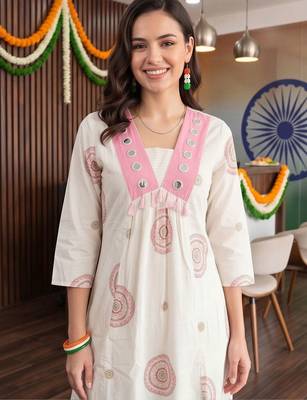 women ethnic motifs printed empire mirror work cotton kurta with trousers 5
