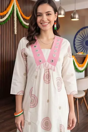 women ethnic motifs printed empire mirror work cotton kurta with trousers