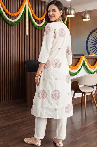 women ethnic motifs printed empire mirror work cotton kurta with trousers