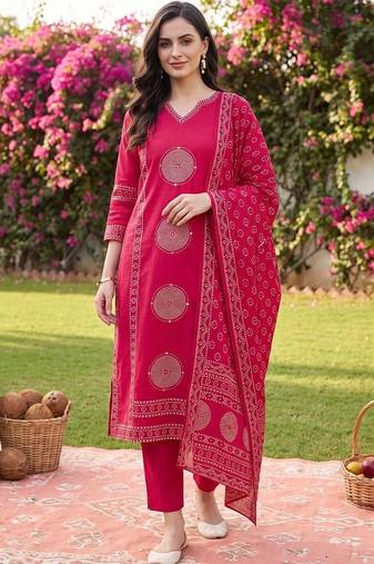 women ethnic motifs printed regular cotton kurta with trousers & with dupatta