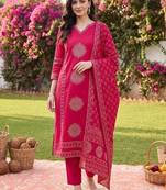 women ethnic motifs printed regular cotton kurta with trousers & with dupatta