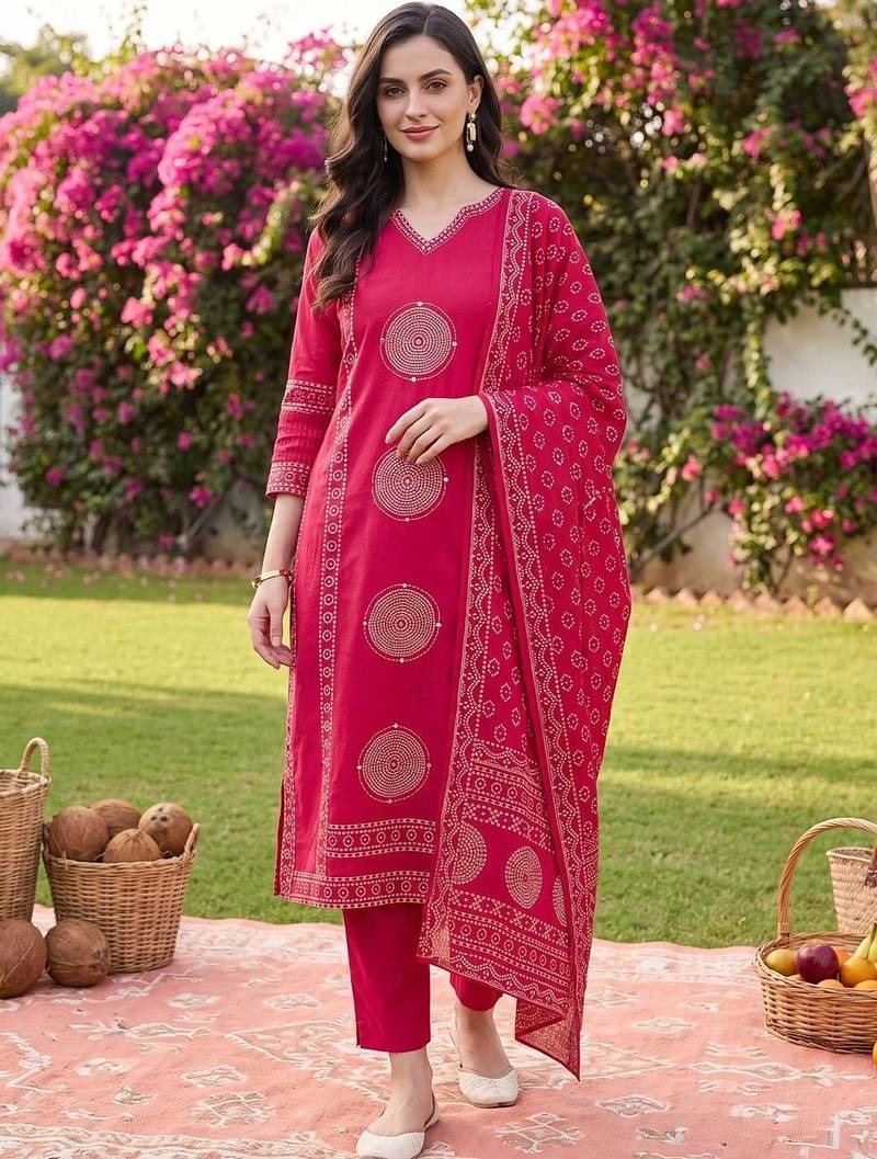 women ethnic motifs printed regular cotton kurta with trousers & with dupatta