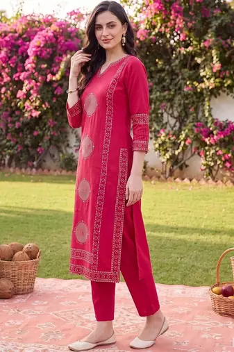 women ethnic motifs printed regular cotton kurta with trousers & with dupatta