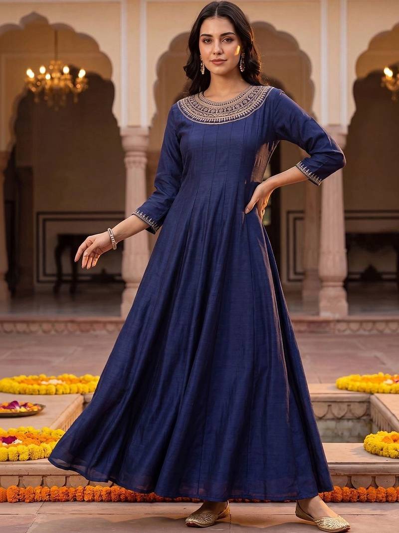 women ethnic motifs embroidered empire thread work kurta with trousers