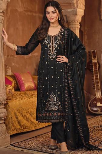 women ethnic motifs embroidered regular kurta with trousers & with dupatta