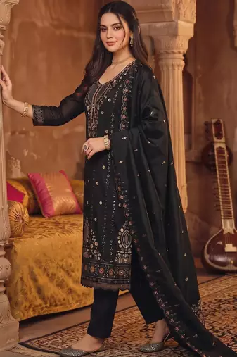 women ethnic motifs embroidered regular kurta with trousers & with dupatta