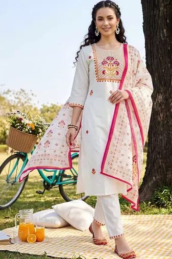 women ethnic motifs embroidered regular thread work cotton kurta with trousers & with dupatta