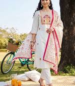 women ethnic motifs embroidered regular thread work cotton kurta with trousers & with dupatta