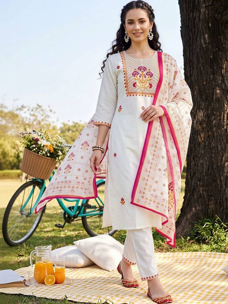 women ethnic motifs embroidered regular thread work cotton kurta with trousers & with dupatta