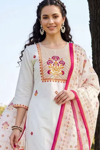 women ethnic motifs embroidered regular thread work cotton kurta with trousers & with dupatta