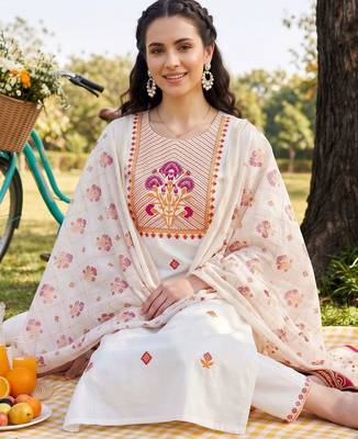 women ethnic motifs embroidered regular thread work cotton kurta with trousers & with dupatta 4