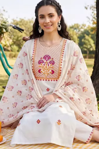 women ethnic motifs embroidered regular thread work cotton kurta with trousers & with dupatta
