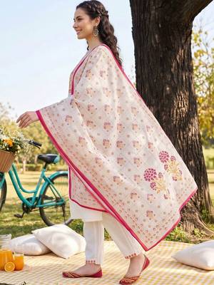 women ethnic motifs embroidered regular thread work cotton kurta with trousers & with dupatta 5