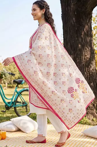women ethnic motifs embroidered regular thread work cotton kurta with trousers & with dupatta