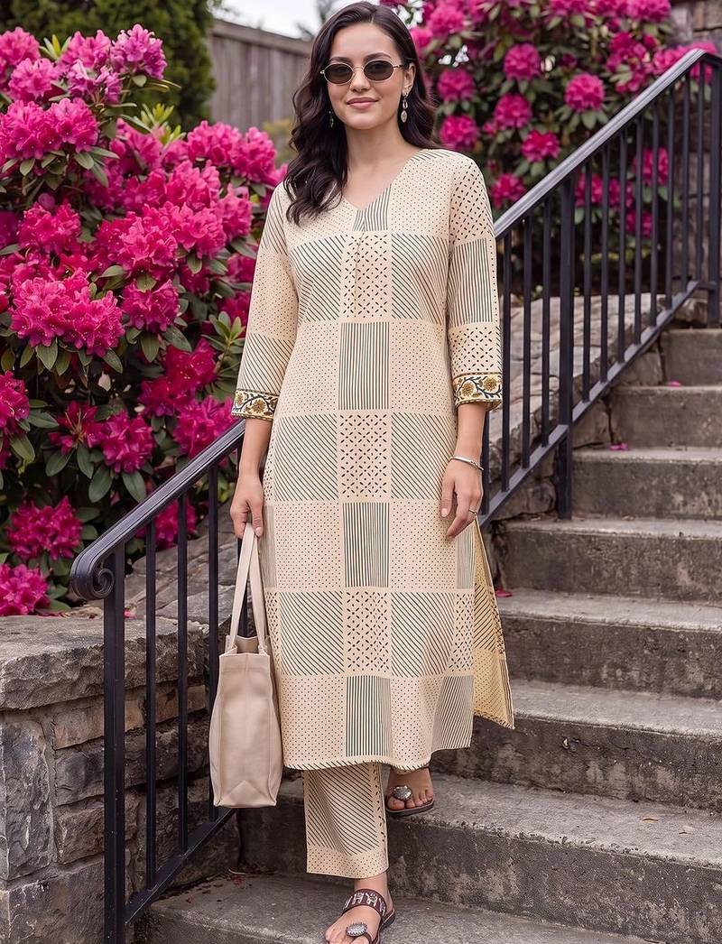 women printed regular cotton kurta with palazzos