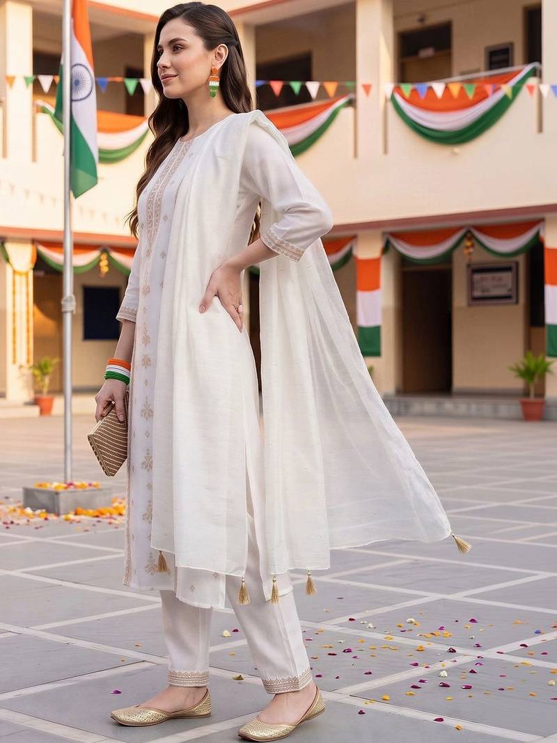 ethnic motifs embroidered regular thread work kurta with trousers & with dupatta