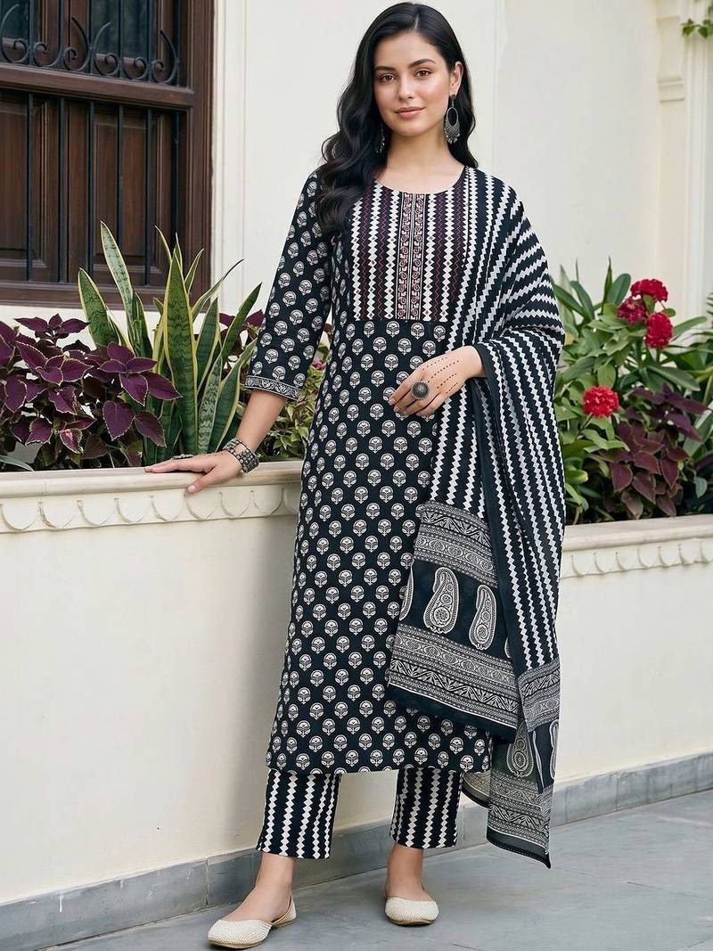 women ethnic motifs printed regular cotton kurta with trousers & with dupatta