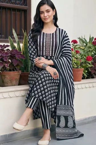 women ethnic motifs printed regular cotton kurta with trousers & with dupatta