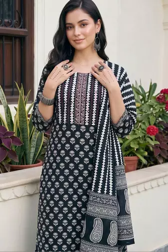 women ethnic motifs printed regular cotton kurta with trousers & with dupatta
