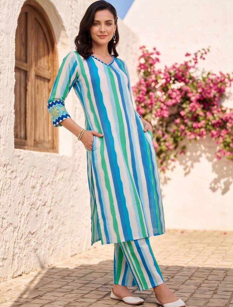 women printed regular cotton kurta with trousers