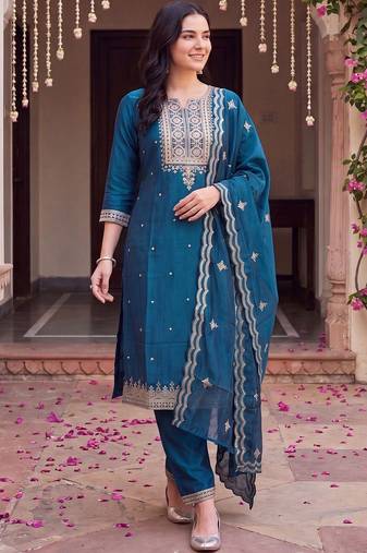 women ethnic motifs embroidered regular thread work kurta with trousers & with dupatta