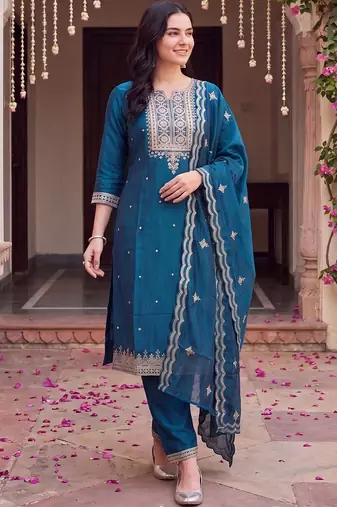 women ethnic motifs embroidered regular thread work kurta with trousers & with dupatta