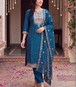 women ethnic motifs embroidered regular thread work kurta with trousers & with dupatta