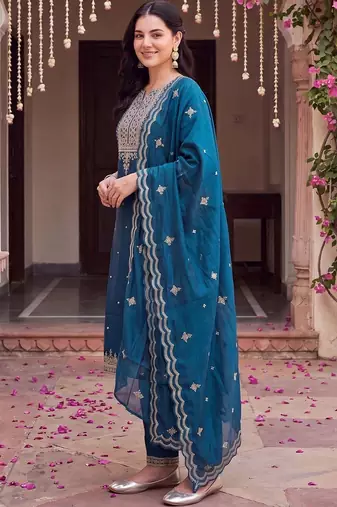 women ethnic motifs embroidered regular thread work kurta with trousers & with dupatta