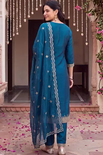 women ethnic motifs embroidered regular thread work kurta with trousers & with dupatta