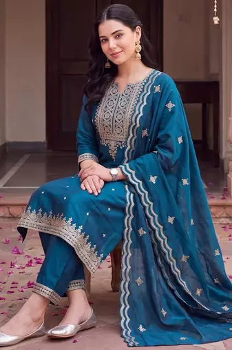women ethnic motifs embroidered regular thread work kurta with trousers & with dupatta