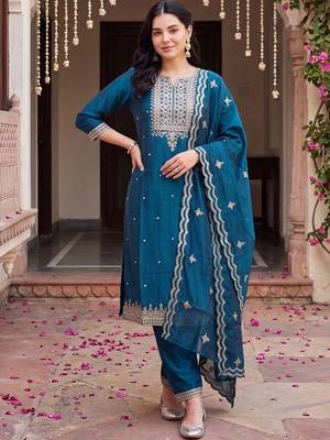 women ethnic motifs embroidered regular thread work kurta with trousers & with dupatta 6