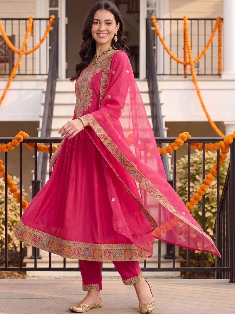 women ethnic motifs embroidered regular thread work kurta with trousers & with dupatta